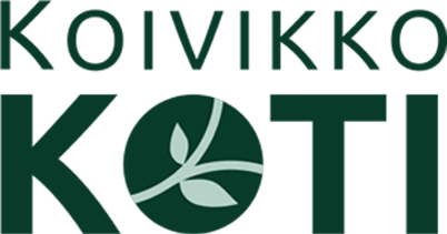 Koivikko Koti -logo, jossa on tummanvihreä teksti. KOTI-kirjaimen O-kirjain sisältää vaaleanvihreällä värillä toteutetun tyylitellyn oksan, jossa on kaksi lehteä, tummanvihreää ympyrää vasten.