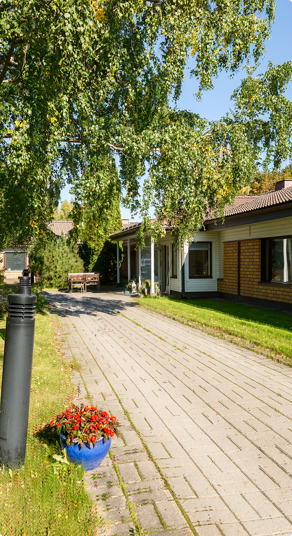 Kivetty ajotie johtaa yksikerroksiseen taloon, jossa on peltikatto, suuret ikkunat ja kuisti. Puu antaa varjoa, ja sininen ruukku punaisia kukkia istuu lähellä ajotietä kirkkaassa auringonvalossa.